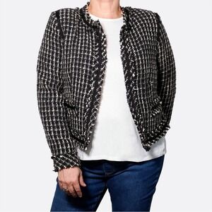 Quiet Luxury Parisian Chic Tweed Fringe Jacket Black & White Plaid Blazer 0X L
